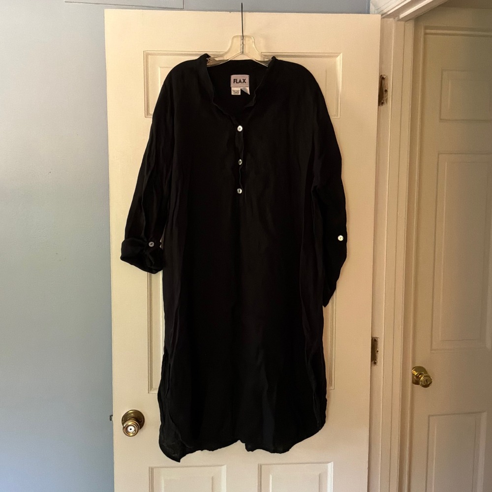 FLAX Black 100% Linen Roll Tab Sleeve Midi Tunic Dress Lagenlook L 14 16 18